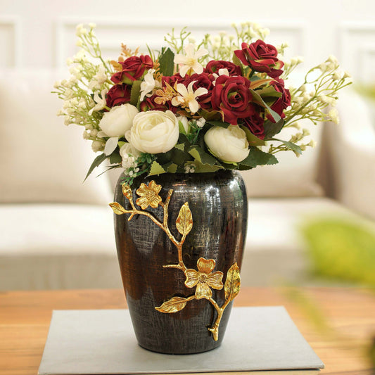 Stainless Steel Vase With Brass Flowers, Black Textured