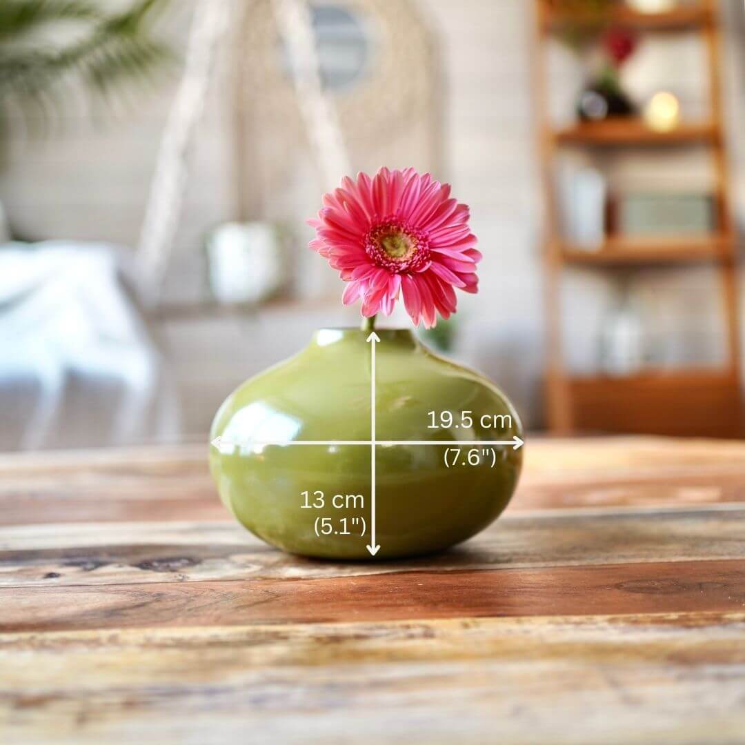 Olive Green metal bud flower vase with flower 