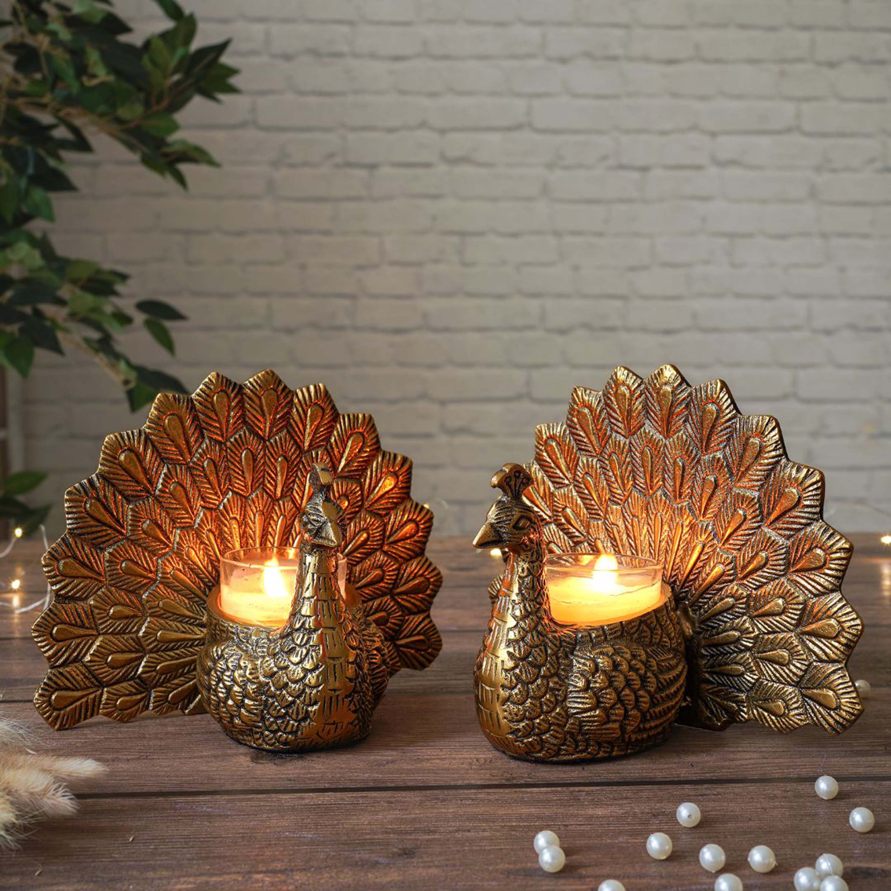 Metal Peacock Candle Holder Set