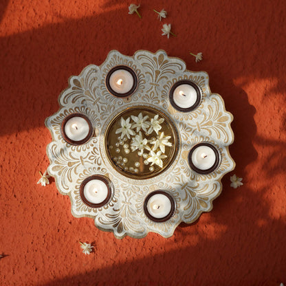 Mandala Wooden Urli with Tealights, White