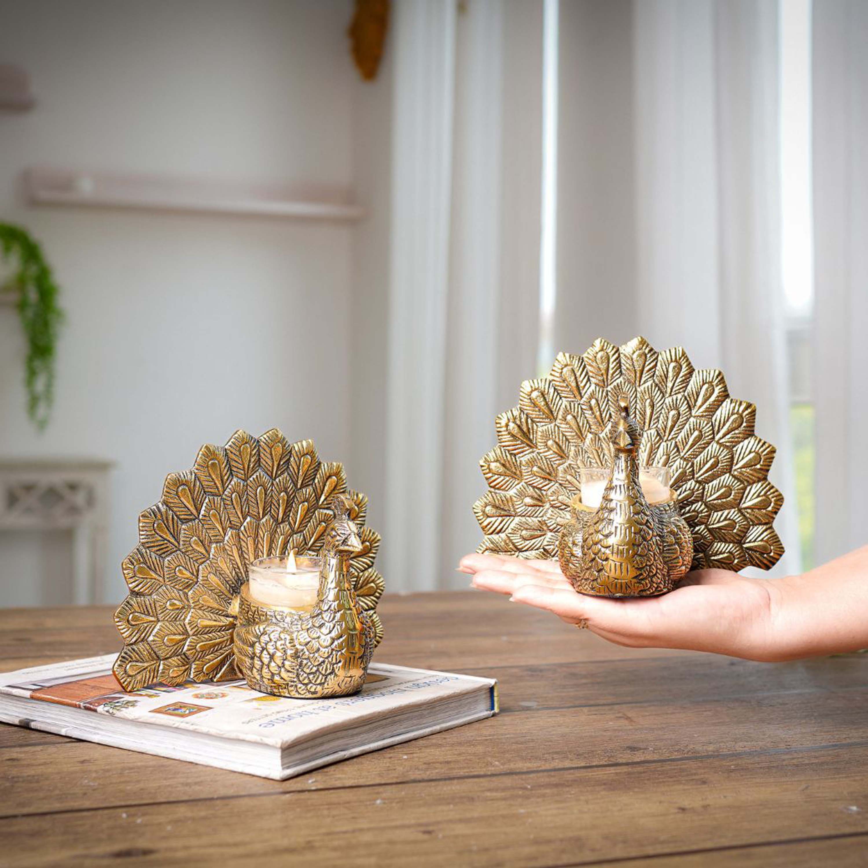 Metal Peacock Candle Holder Set