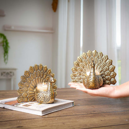 Metal Peacock Candle Holder Set