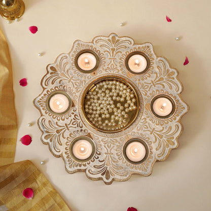Mandala Wooden Urli with Tealights, White