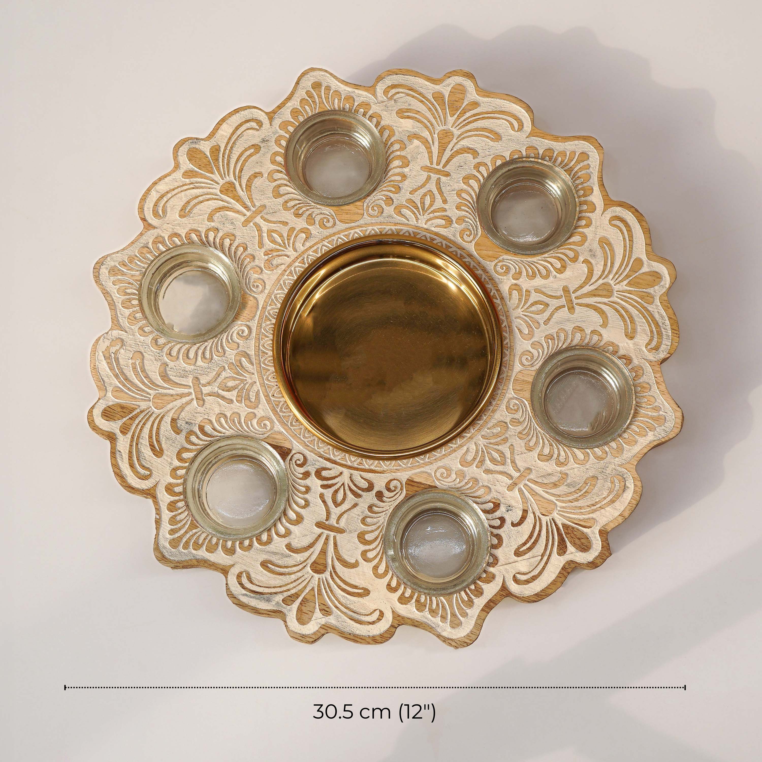 Mandala Wooden Urli with Tealights, White