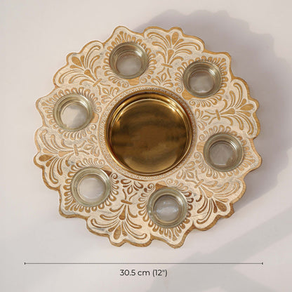 Mandala Wooden Urli with Tealights, White
