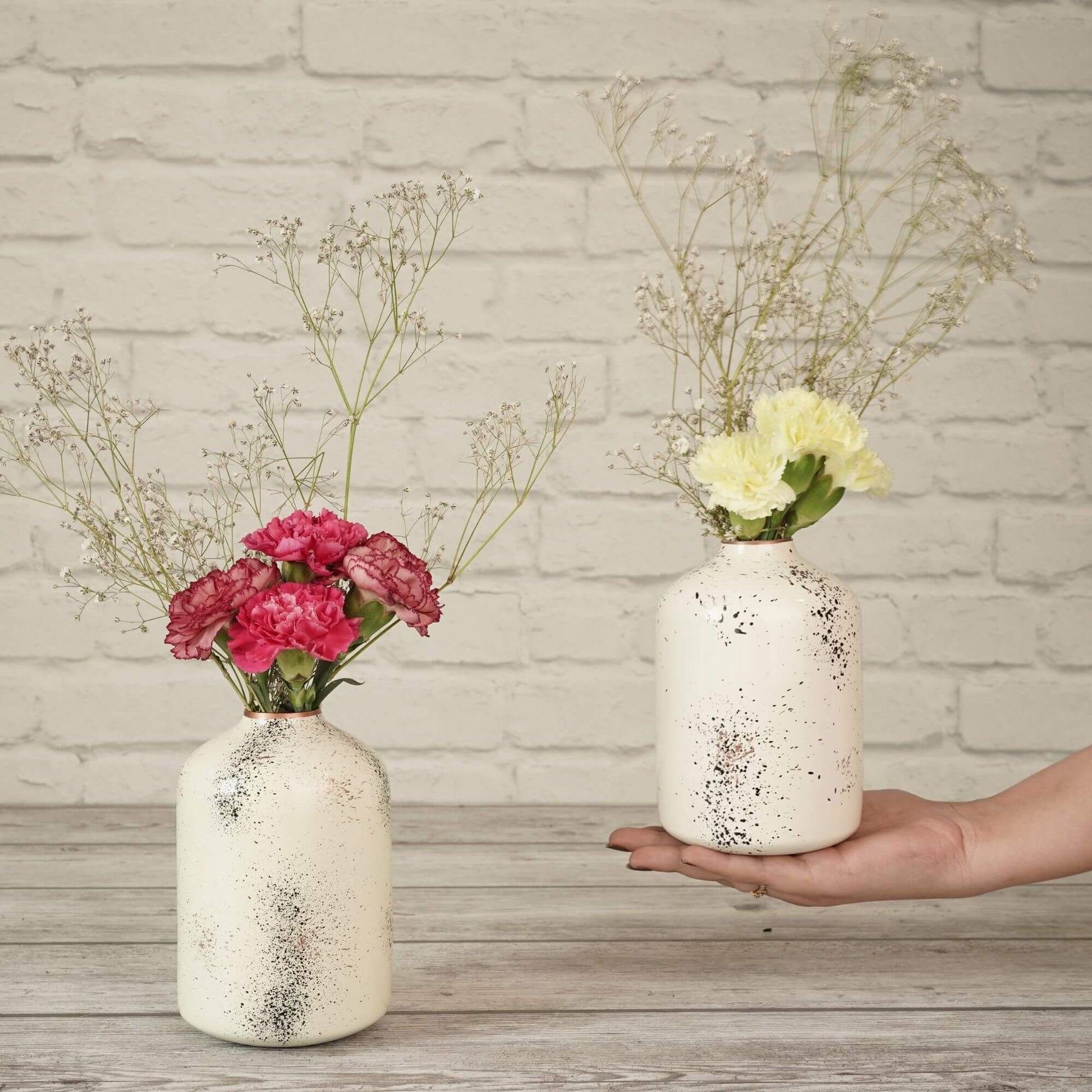 White Flower vase with black polka dots 