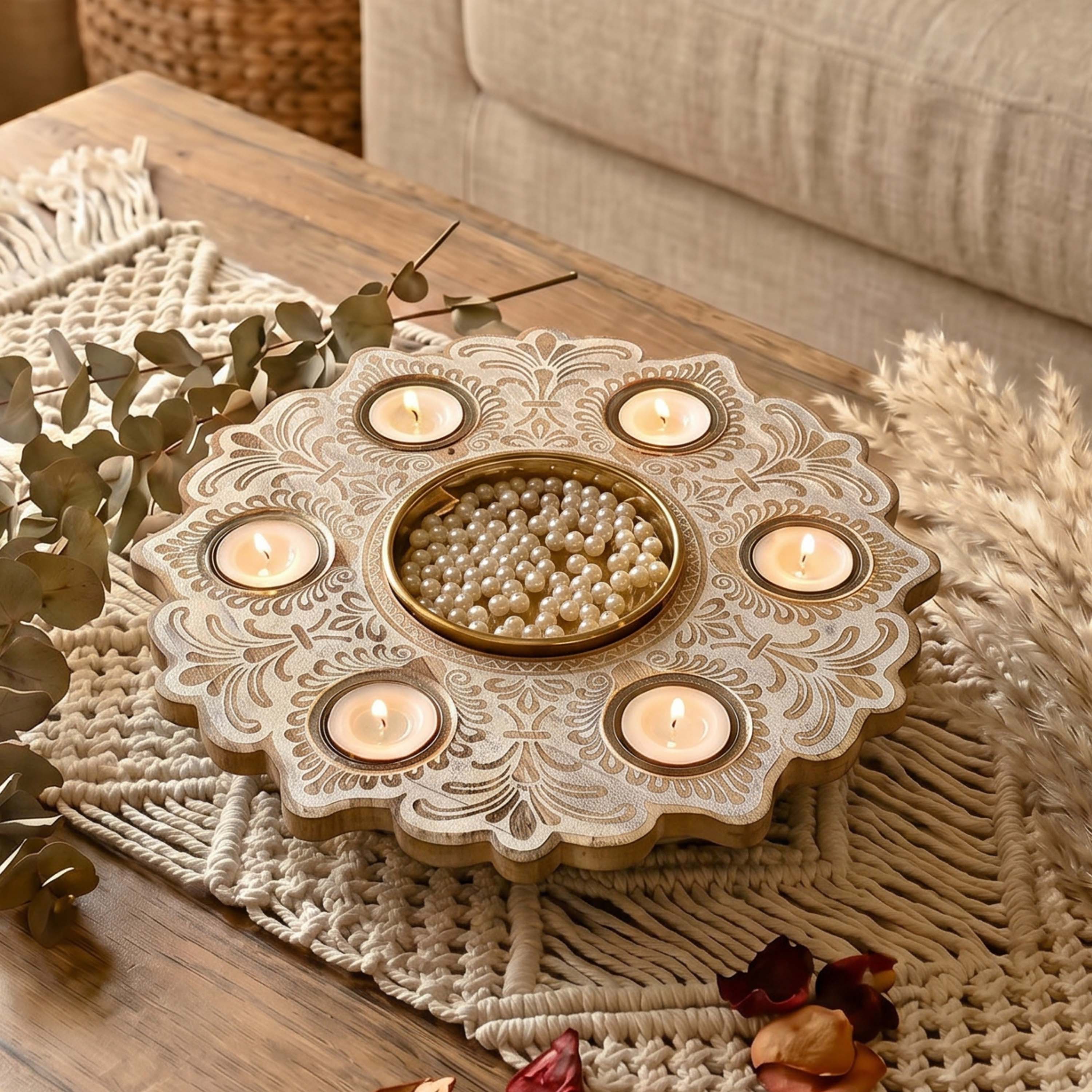 Mandala Wooden Urli with Tealights, White