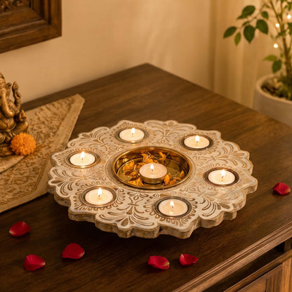 Mandala Wooden Urli with Tealights, White