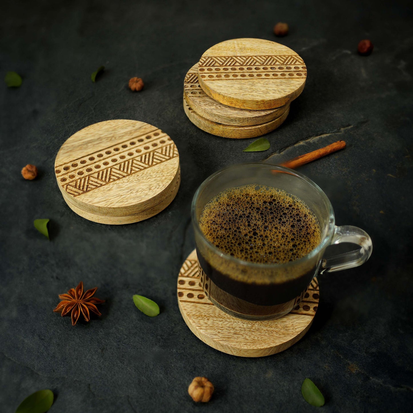 Boho Stripe Handcrafted Coaster, Brown, Set of 6