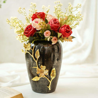 Stainless Steel Vase With Brass Flowers, Black Textured
