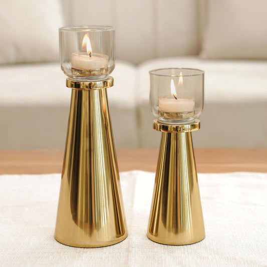 Metal Pillar T-light Holder, Set of 2 - Gold