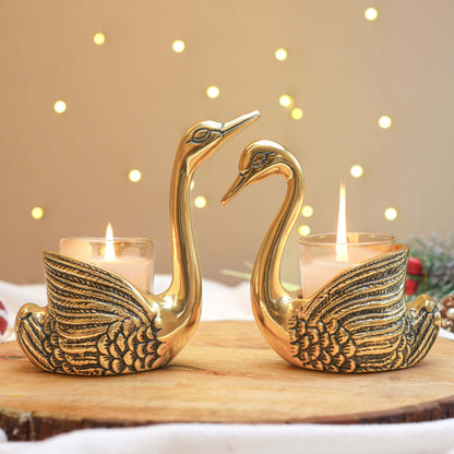 Metal Pair of Swans Candle Holders, (with candles)