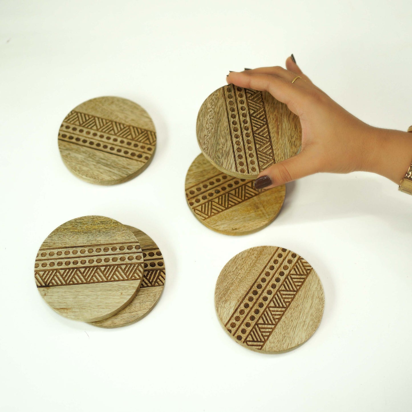 Boho Stripe Handcrafted Coaster, Brown, Set of 6