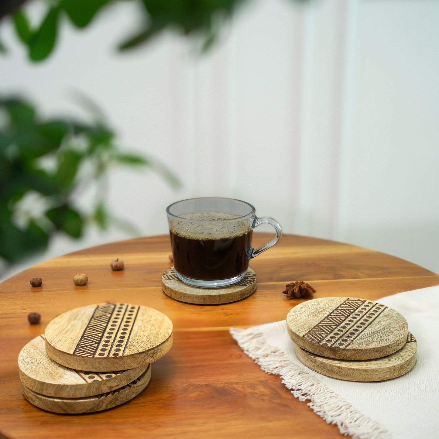 Boho Stripe Handcrafted Coaster, Brown, Set of 6