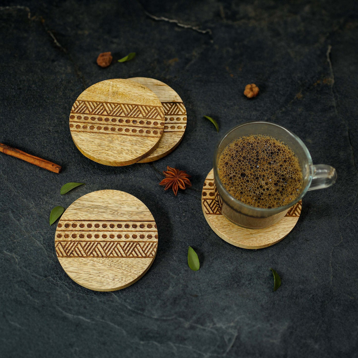 Boho Stripe Handcrafted Coaster, Brown, Set of 4