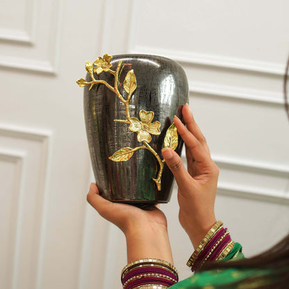 Stainless Steel Vase With Brass Flowers, Black Textured