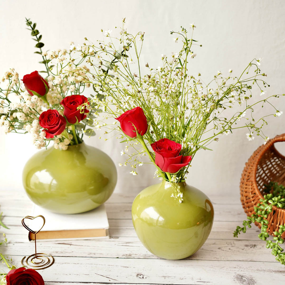Olive Green metal bud flower vase with flower  set of 2 