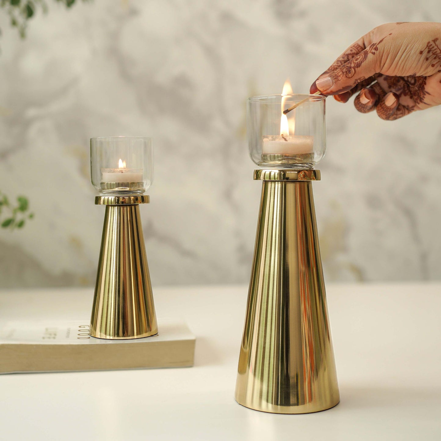 Metal T-light Holder, Set of 2 - Gold