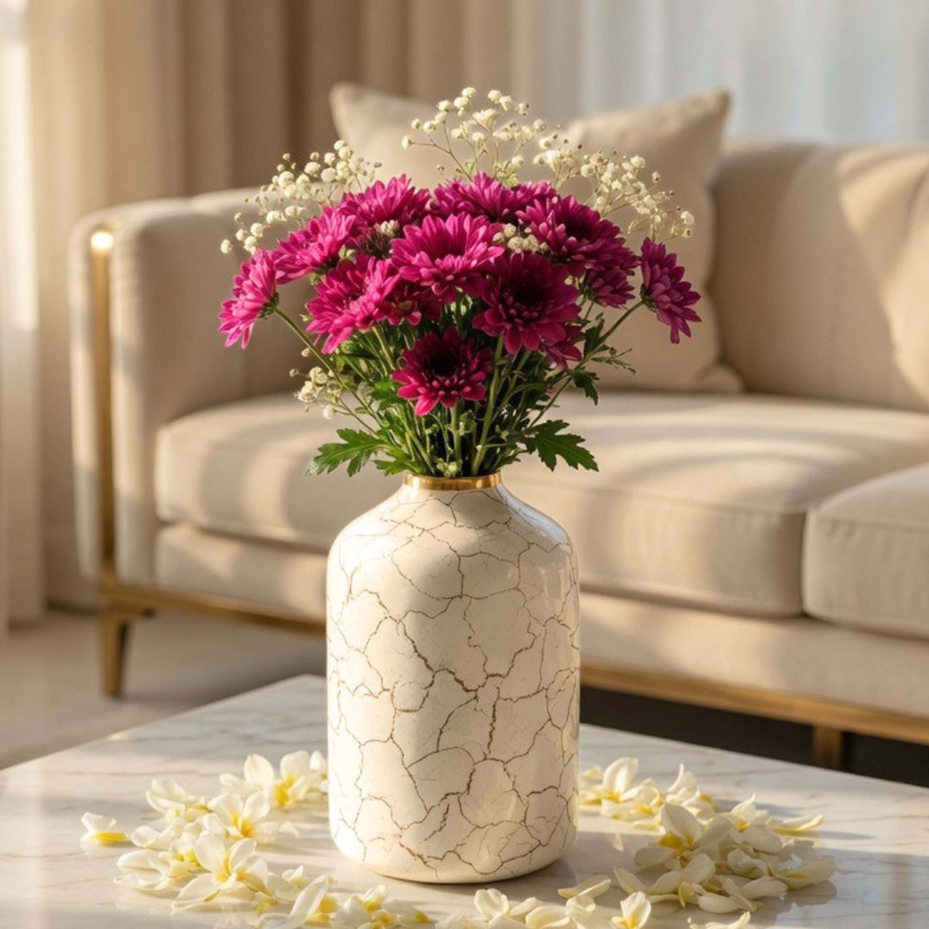 Off-white Metal Flower Vase | Crackled