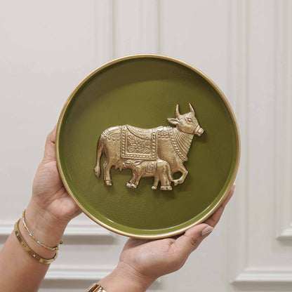 Kamdhenu Cow Wall Plate, Green