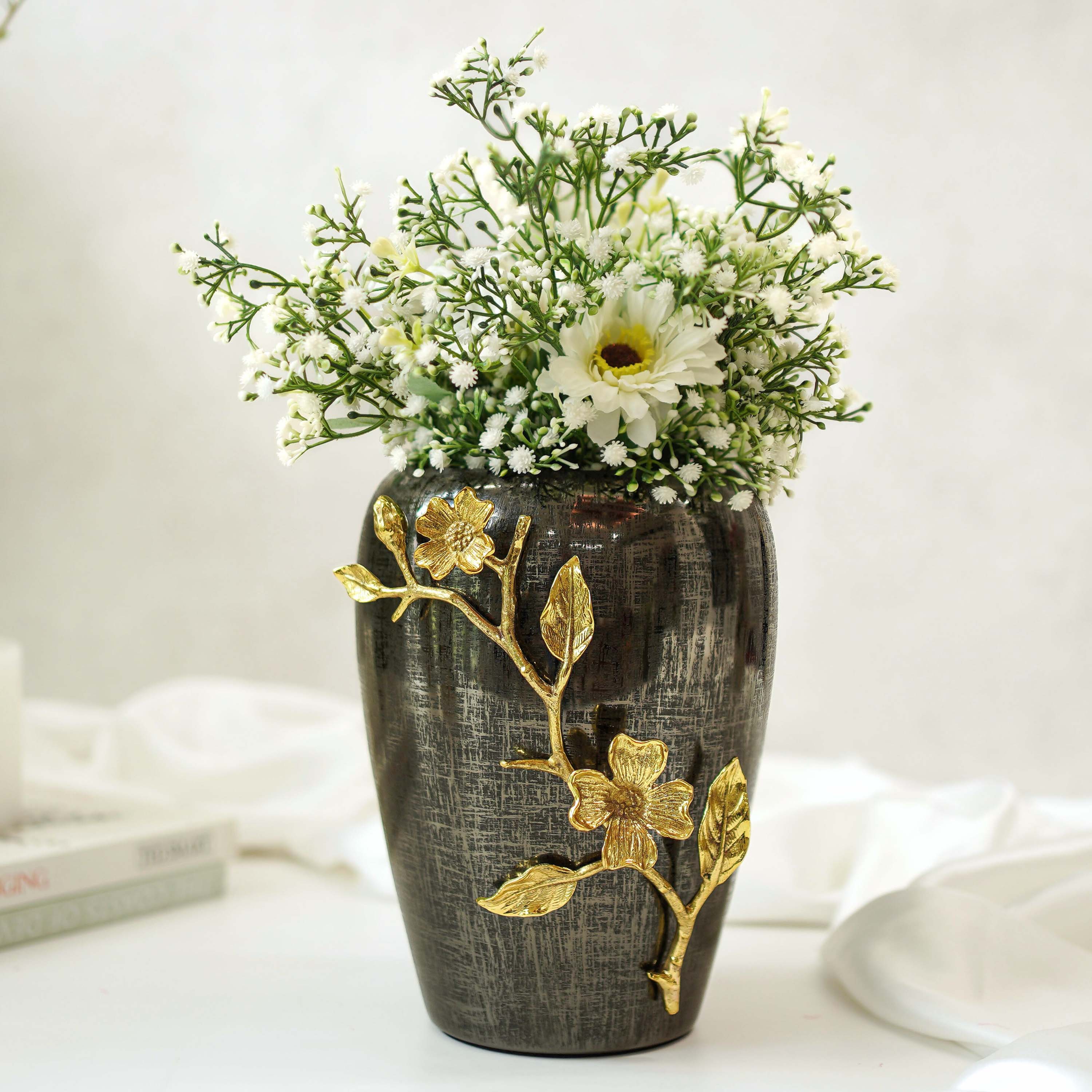 Stainless Steel Vase With Brass Flowers, Black Textured