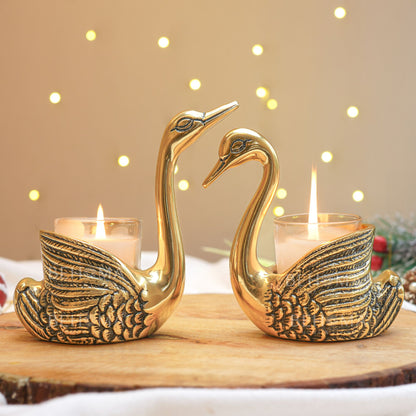 Metal Pair of Swans Candle Holders, (with candles)