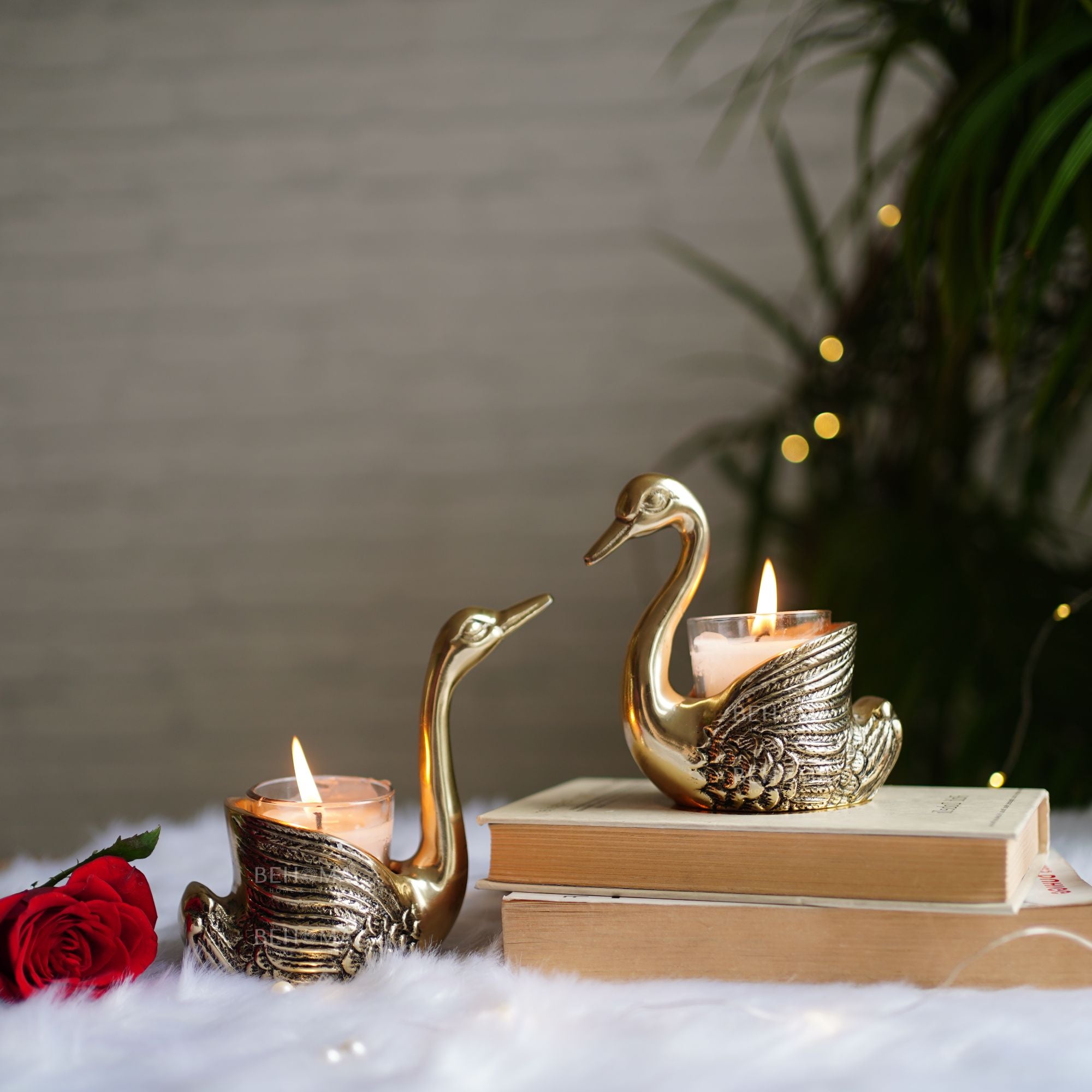 Metal Pair of Swans Candle Holders, (with candles)