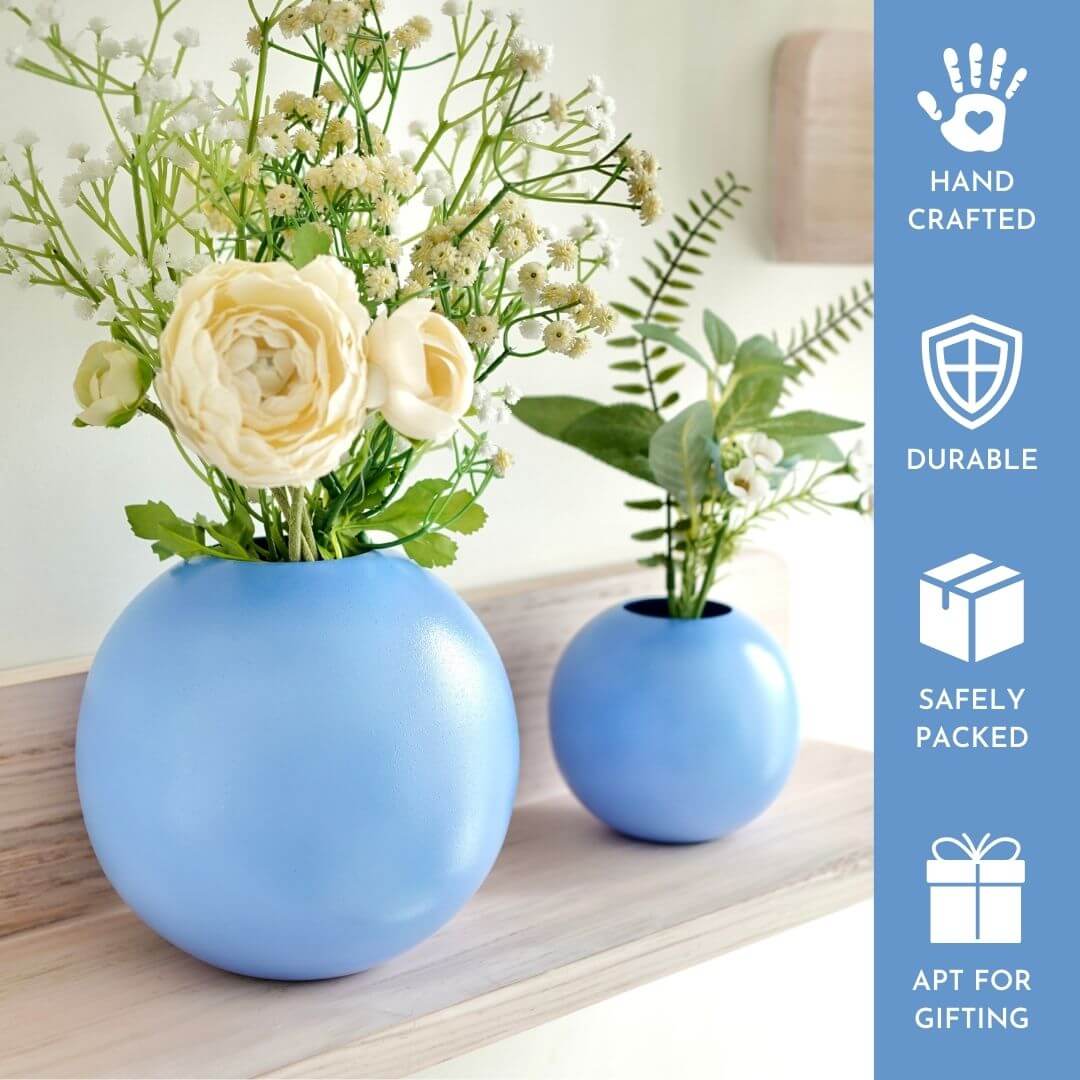 Metal ball flower vase blue set of 2 