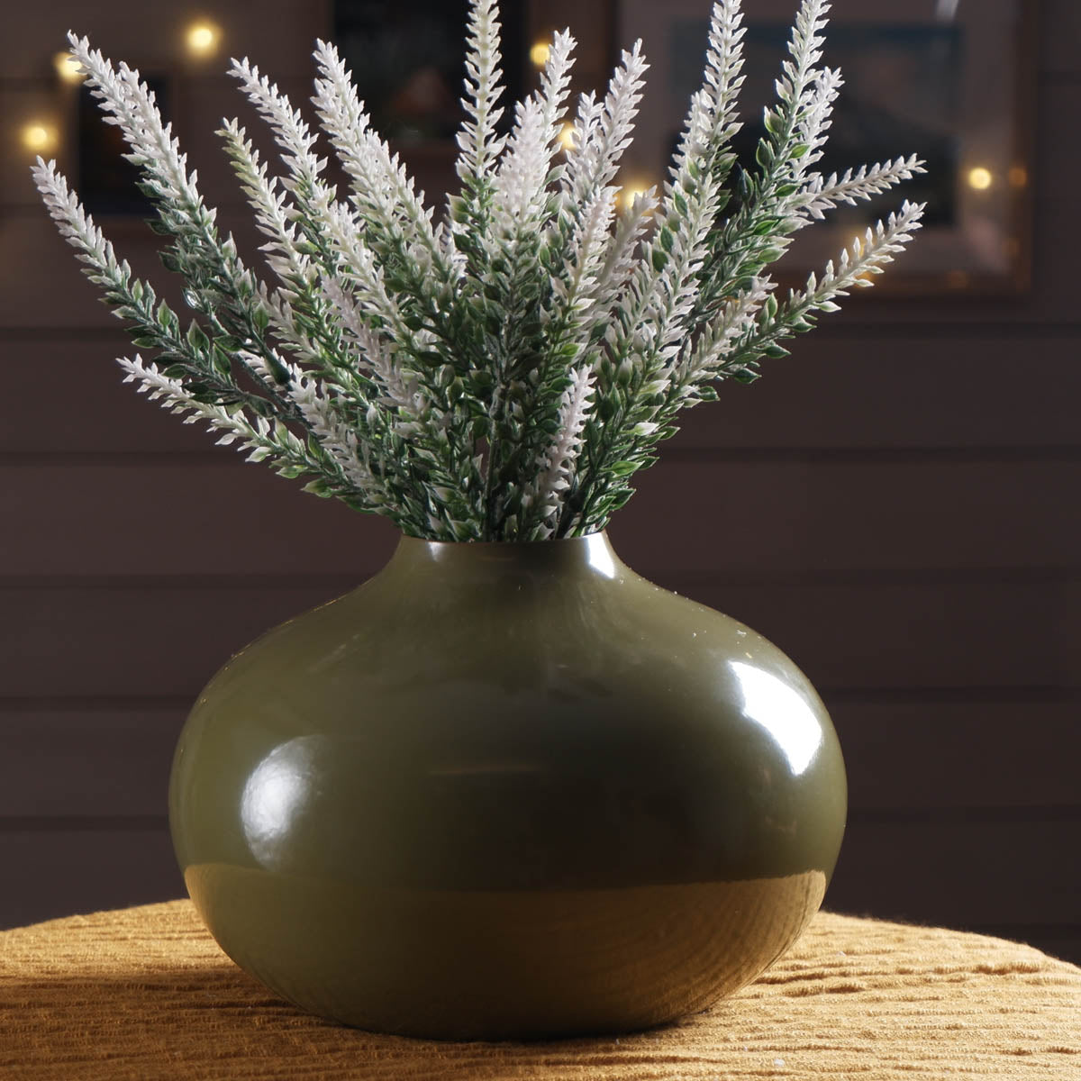 Olive Green metal bud flower vase with flower 