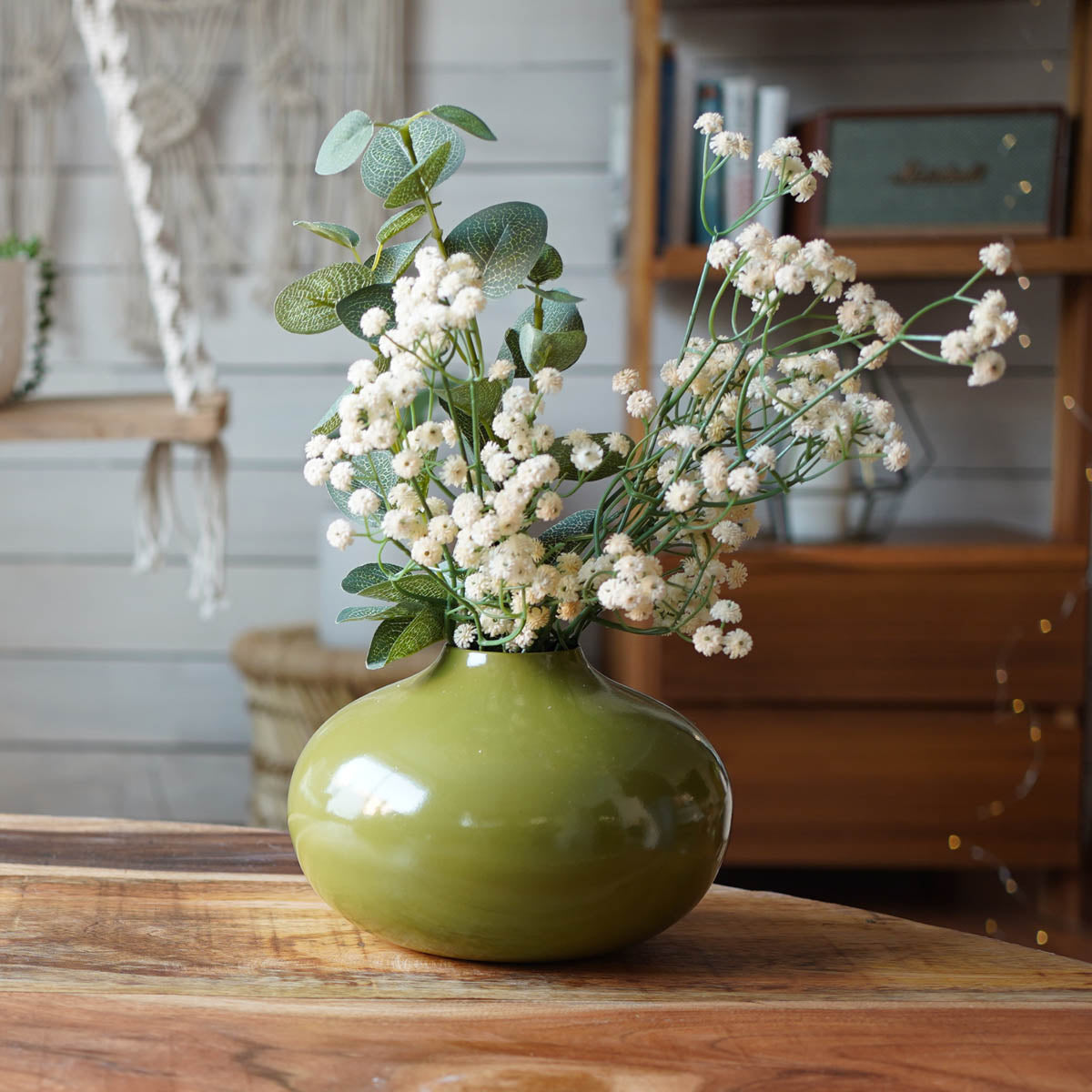Olive Green metal bud flower vase with flower 
