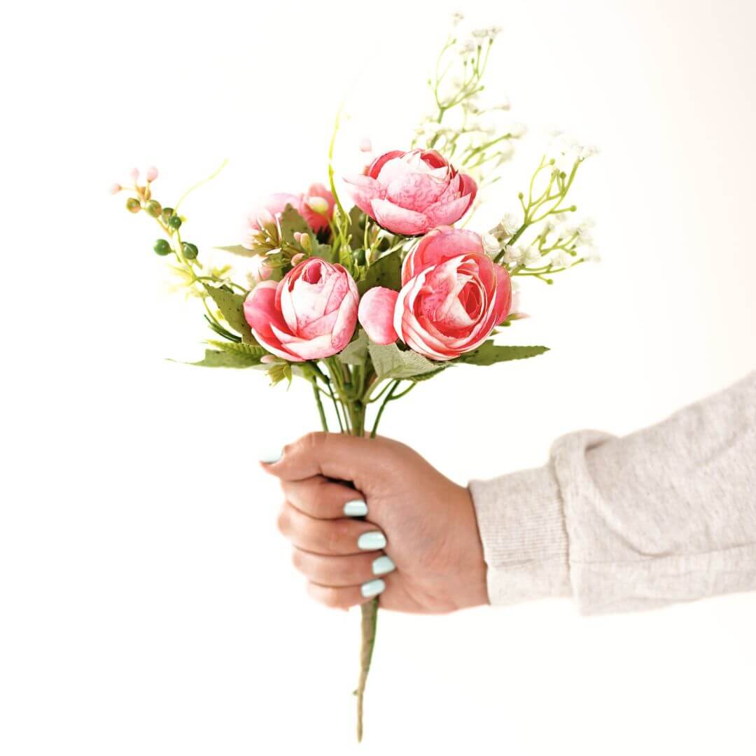 Pink Rose & White Baby's Breath, Bouquet, (Faux Flowers)