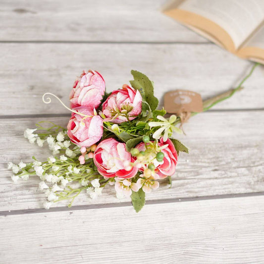 Pink Rose & White Baby's Breath, Bouquet, (Faux Flowers)