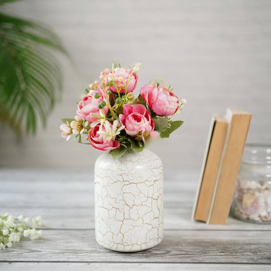 Metal Bud Bottle Flower Vase, Off-white Crackled _ (With flower)