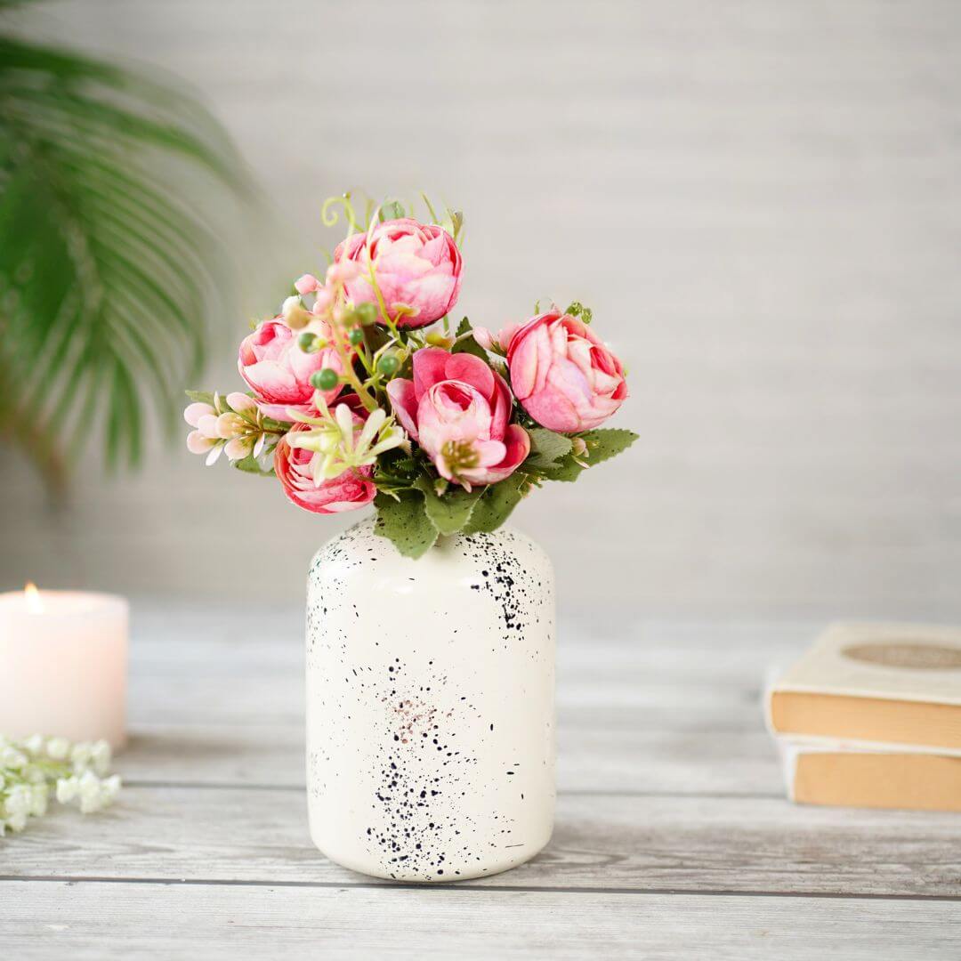 Metal Bud Bottle Vase, White _ (with flower)