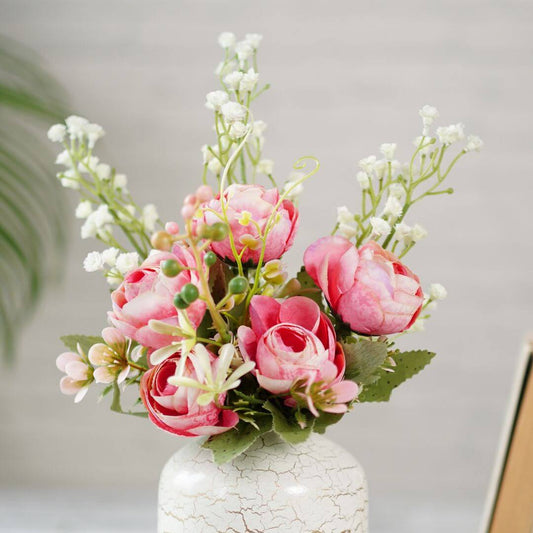 Pink Rose & White Baby's Breath, Bouquet, (Faux Flowers)