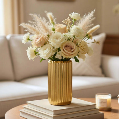 Gold vase with flowers on a table in a living room setting, Fluted Column Vase, Large

