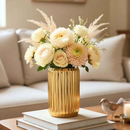 Gold vase with flowers on a table in a living room setting, Fluted Column Vase, Small