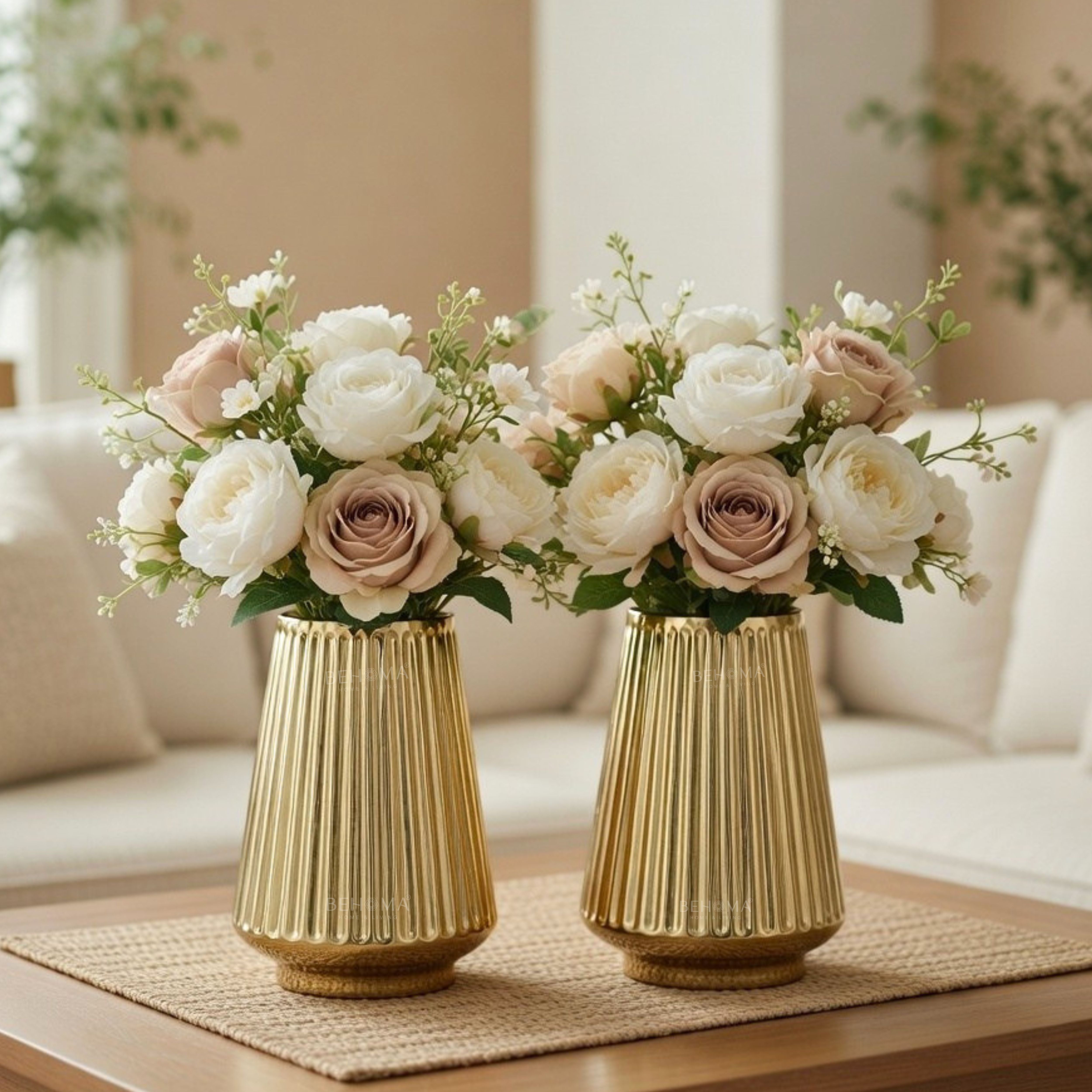 Two gold vases with floral arrangements on a table in a living room setting, Fluted Skirt Flower Vase Set