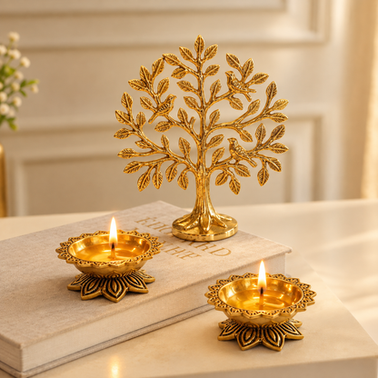 Tree of Life & Brass Diya Set