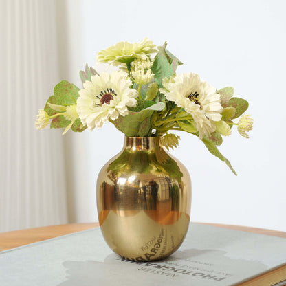 Gold vase with flowers on a table, Golden Metal vase, Small