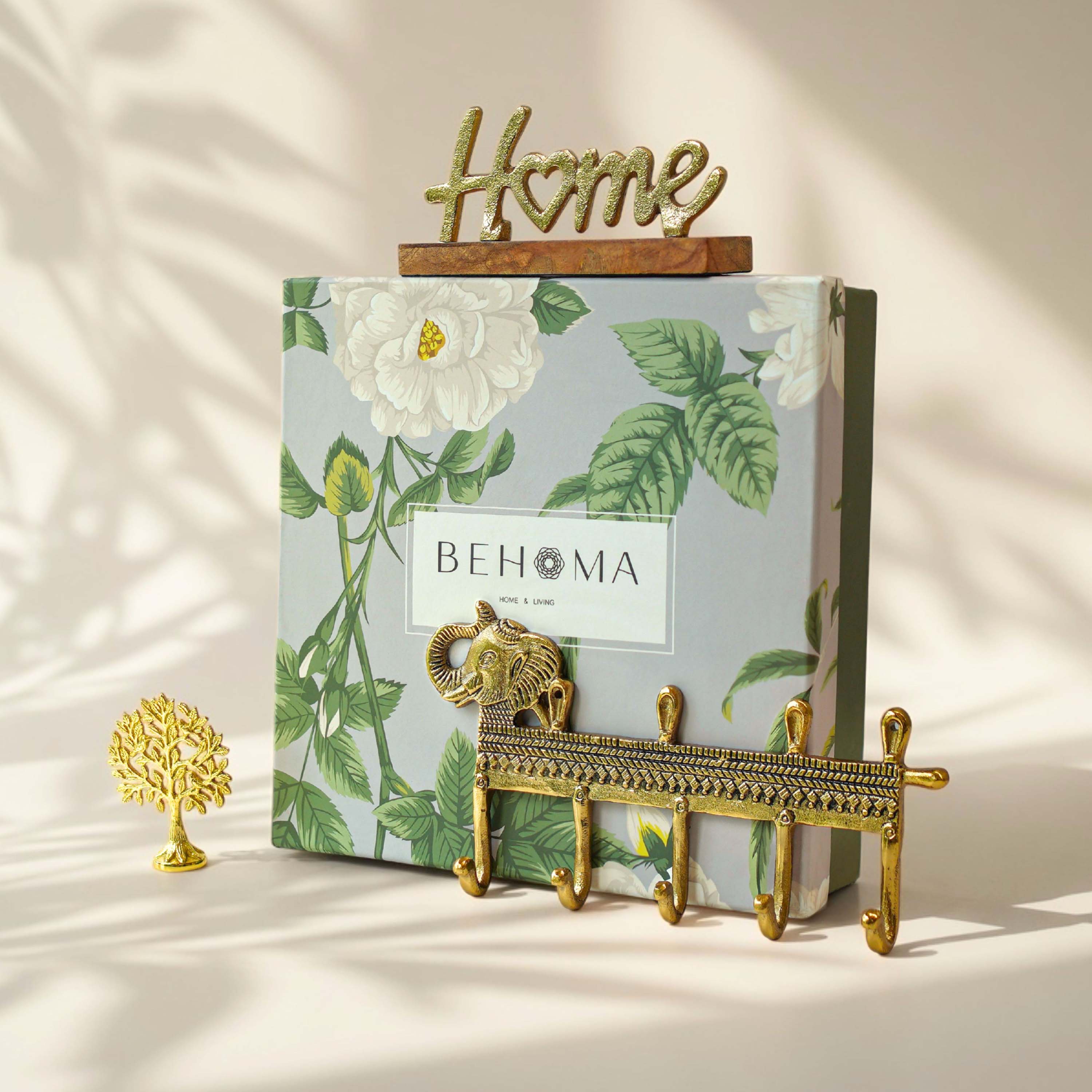 Decorative key holder with 'Home' sign and floral-patterned box by BEHOMA on a light background, Home Blessings Gift Set