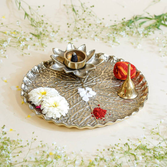Metal Tray, Lotus leaf metal tray, Metal decorative tray, Metal Pooja Thali