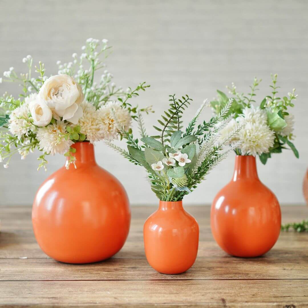 Orange bud metal flower vases with flower set of 3 