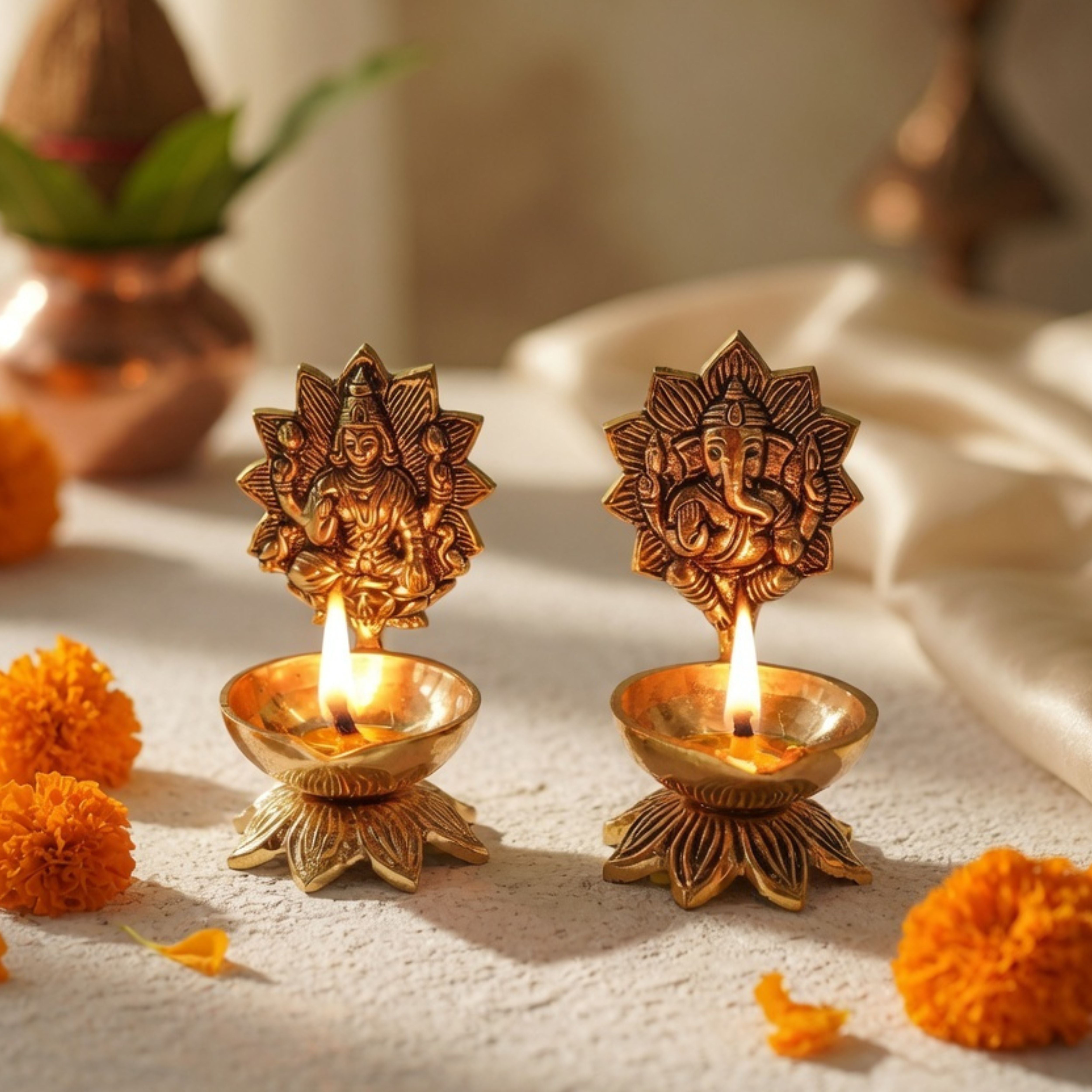 Brass Lakshmi - Ganesh Diya Set