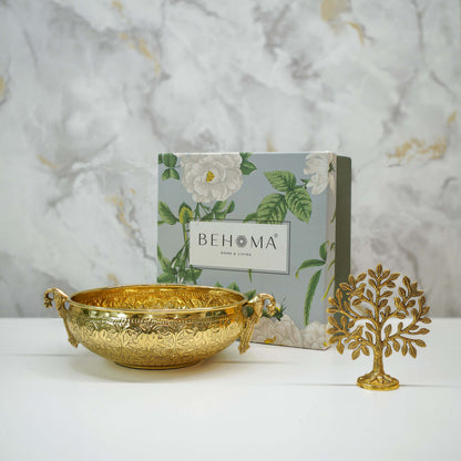 Gold decorative bowl and tree figurine with a Behoma branded box on a marble background, Peacock Garden Gift Set