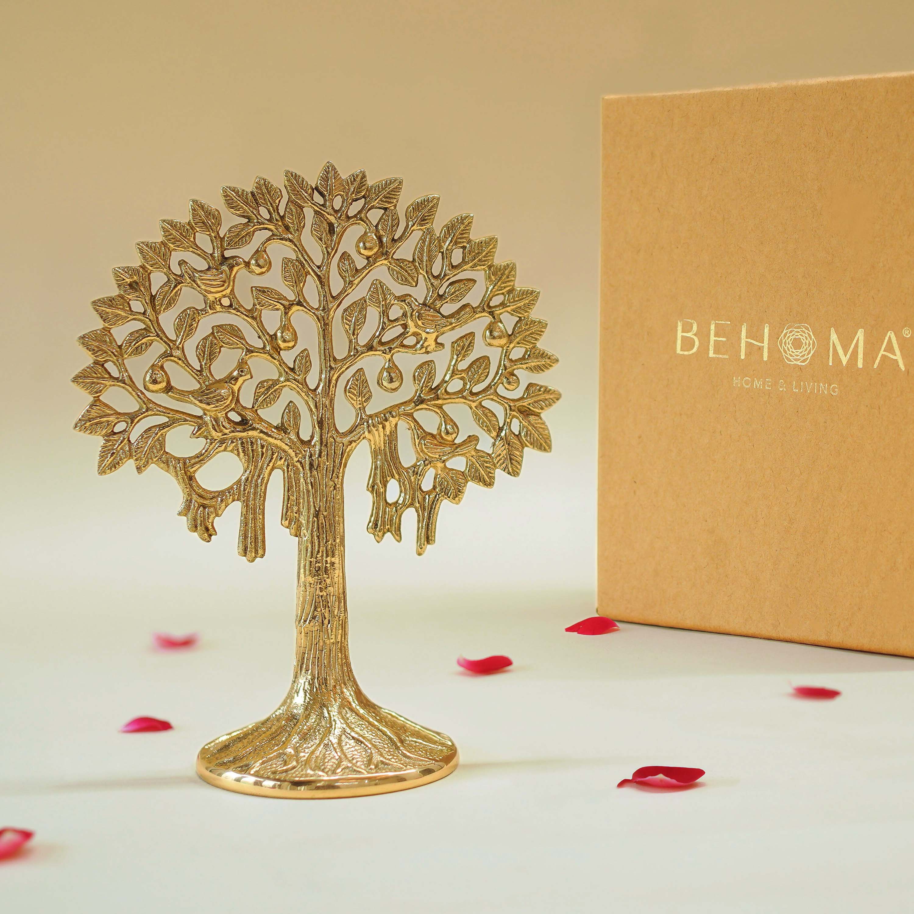 Gold tree-shaped decorative item with a Behoma box in the background, Pure Brass Kalpvriksh with Birds (7 inch)