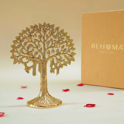 Gold tree-shaped decorative item with a Behoma box in the background, Pure Brass Kalpvriksh with Birds (7 inch)
