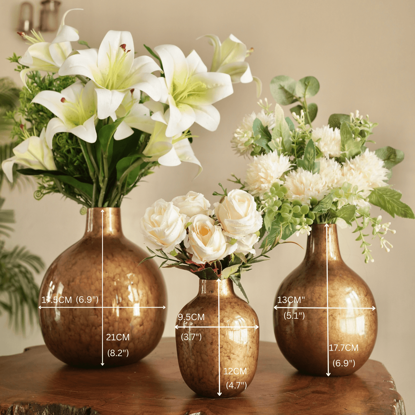 Antique gold flower vase with flowers set of 3