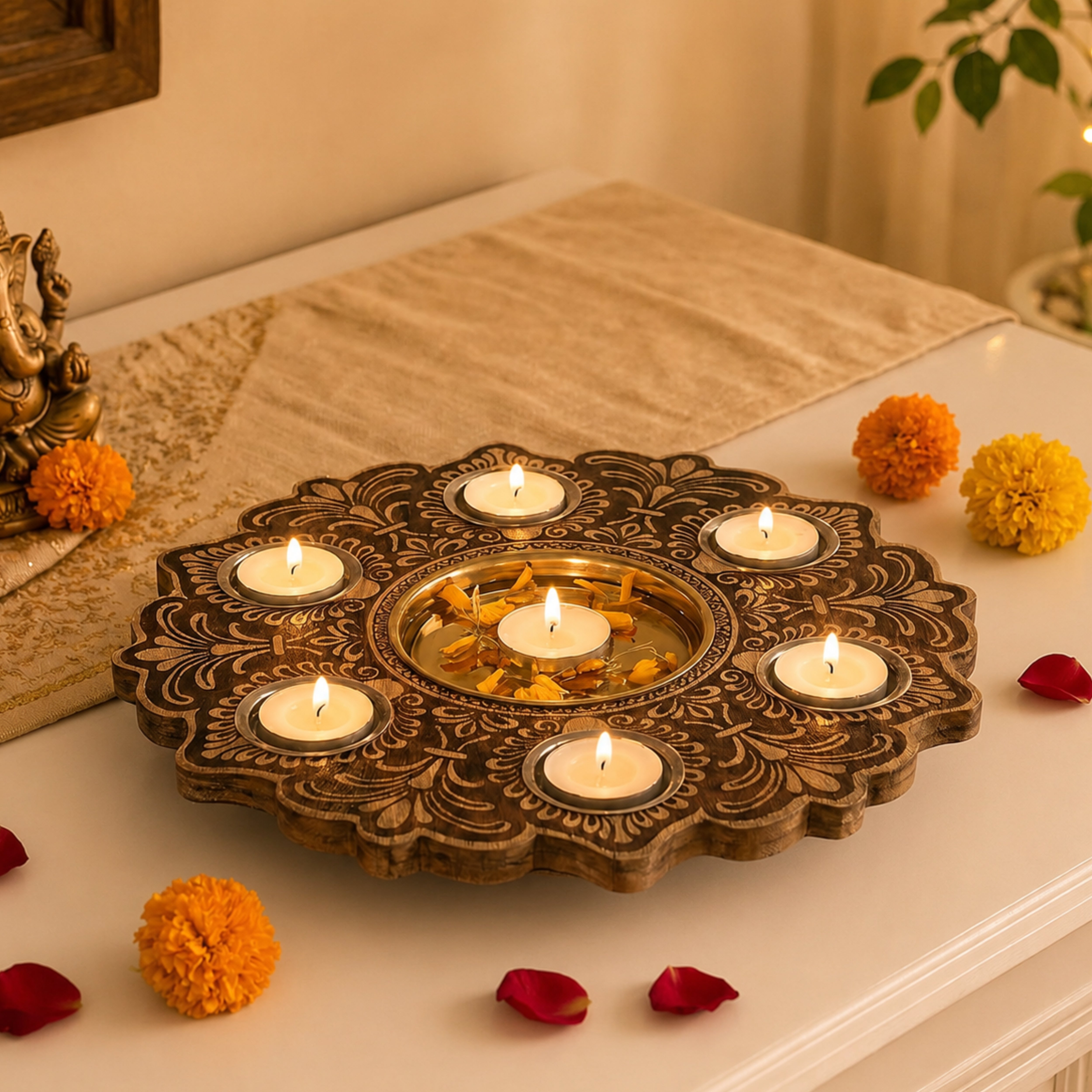 Mandala Wooden Urli with Tealights, Brown