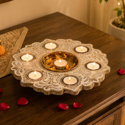 Mandala Wooden Urli with Tealights, White